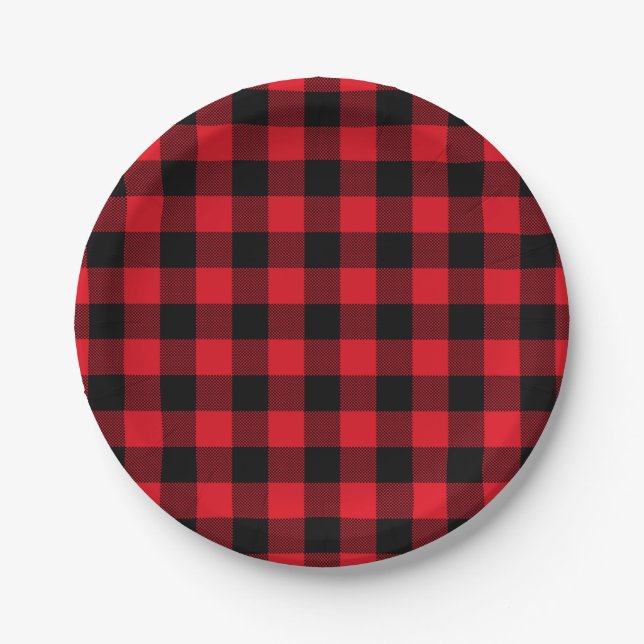 Festive Red Plaid Pattern Holiday Paper Plates (Front)