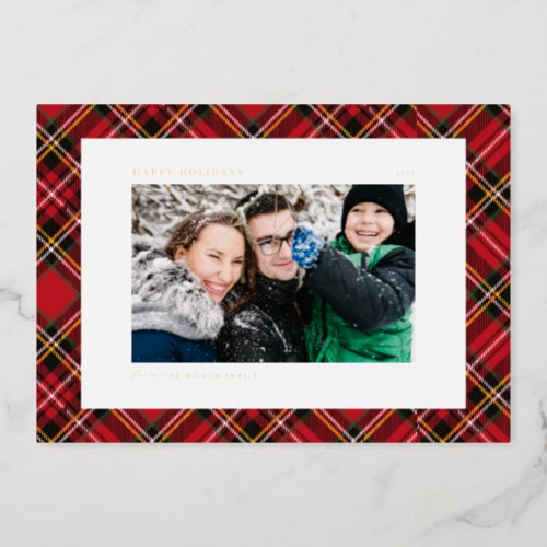 Festive Red Plaid Pattern Photo Happy Holidays Foil Holiday Card