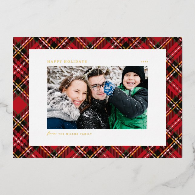 Festive Red Plaid Pattern Photo Happy Holidays Foil Holiday Card (Front)