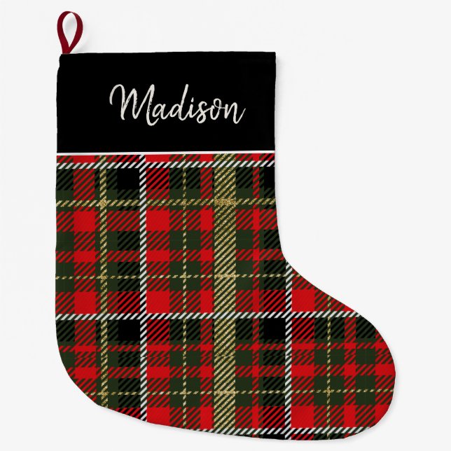 Festive Red Plaid with Gold Name Christmas Large Christmas Stocking (Front)