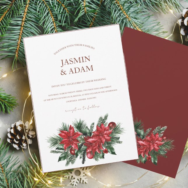 Festive Red Poinsettia and Pine Wedding Invitation (Creator Uploaded)