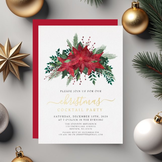 Festive Red Poinsettia Christmas Cocktail Party Foil Invitation (Festive Red Poinsettia Christmas Cocktail Party Foil Invitation)