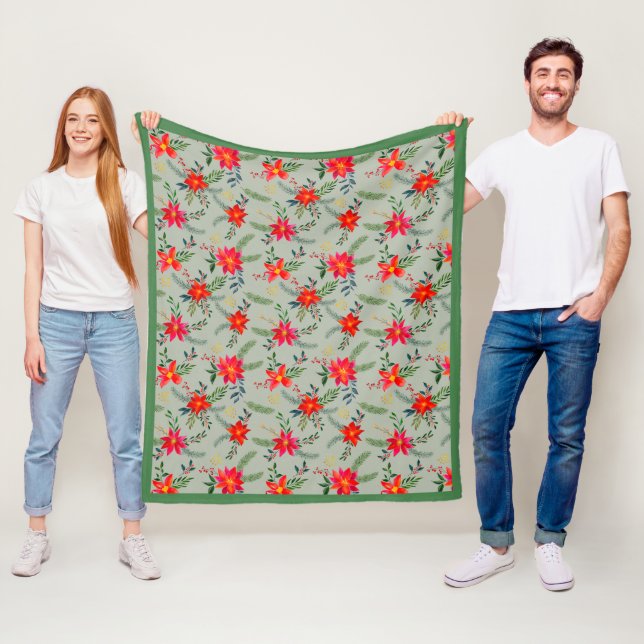 Festive Red Poinsettia Christmas Floral Fleece Blanket (In Situ)