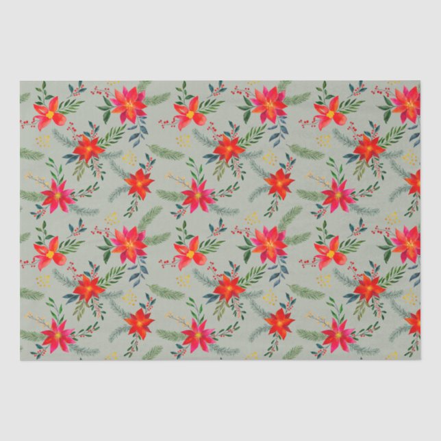 Festive Red Poinsettia Christmas Floral Tissue Paper (Front)