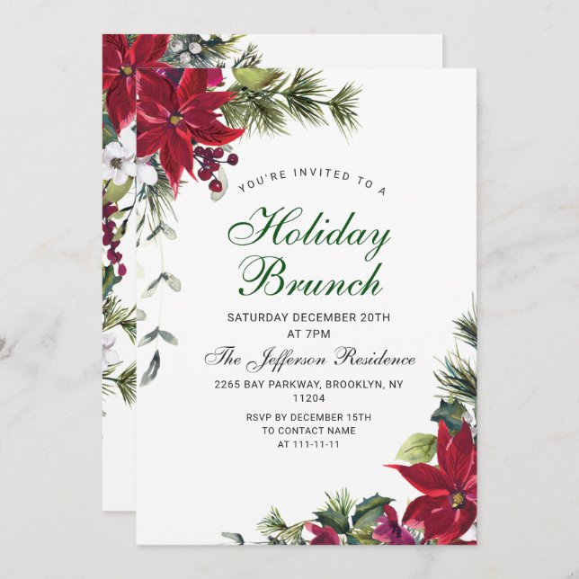 Festive Red Poinsettia Christmas Holiday Brunch Invitation (Front/Back)