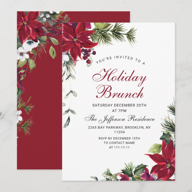 Festive Red Poinsettia Christmas Holiday Brunch Invitation (Front/Back)