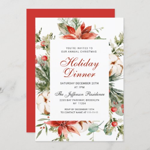 Festive Red Poinsettia Christmas Holiday Dinner Invitation