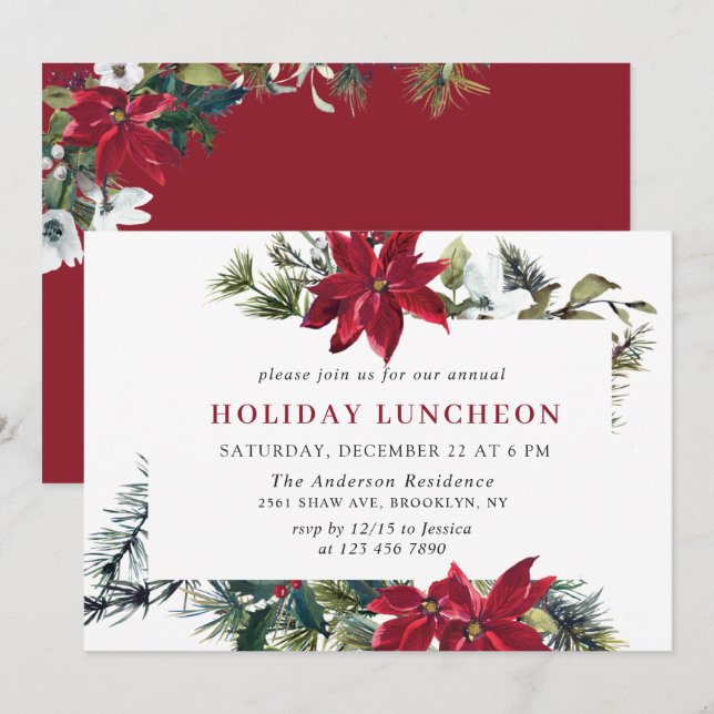 Festive Red Poinsettia Christmas HOLIDAY LUNCHEON Invitation (Front/Back)