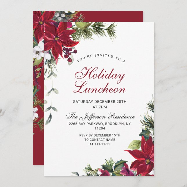 Festive Red Poinsettia Christmas Holiday Luncheon Invitation (Front/Back)