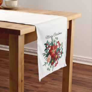 Festive Red Poinsettia Christmas Holiday Short Table Runner