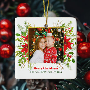 Festive Red Poinsettia Christmas Kids Photo Ceramic Ornament