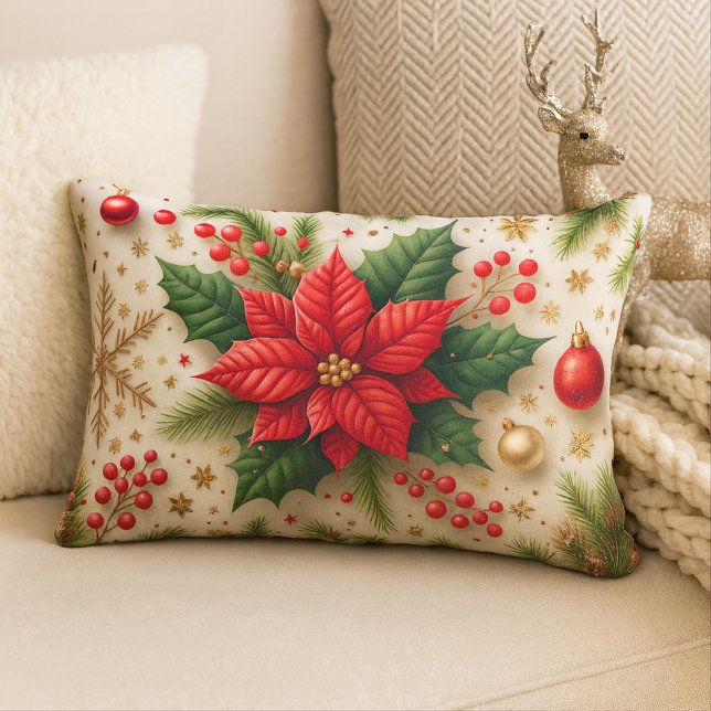 Festive Red Poinsettia Christmas  Lumbar Pillow (Creator Uploaded)