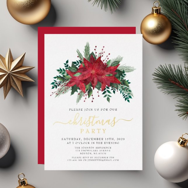 Festive Red Poinsettia Christmas Party Foil Invitation (Festive Red Poinsettia Christmas Party Foil Invitation
)