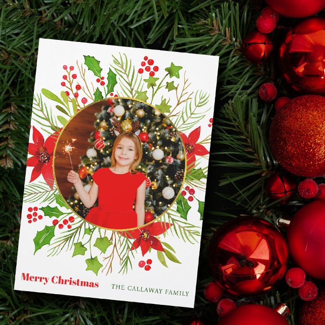 Festive Red Poinsettia Christmas Photo Magnet Card (Creator Uploaded)