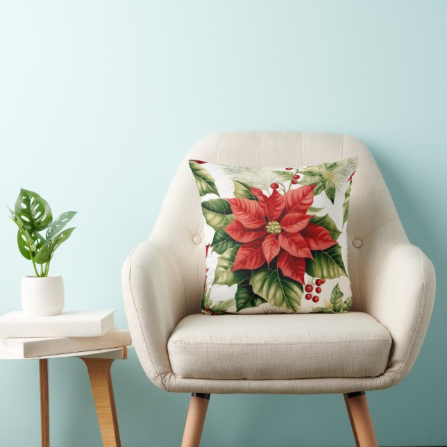 Festive Red Poinsettia Christmas Throw Pillow (Chair)