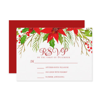 Festive Red Poinsettia Christmas Wedding RSVP Card
