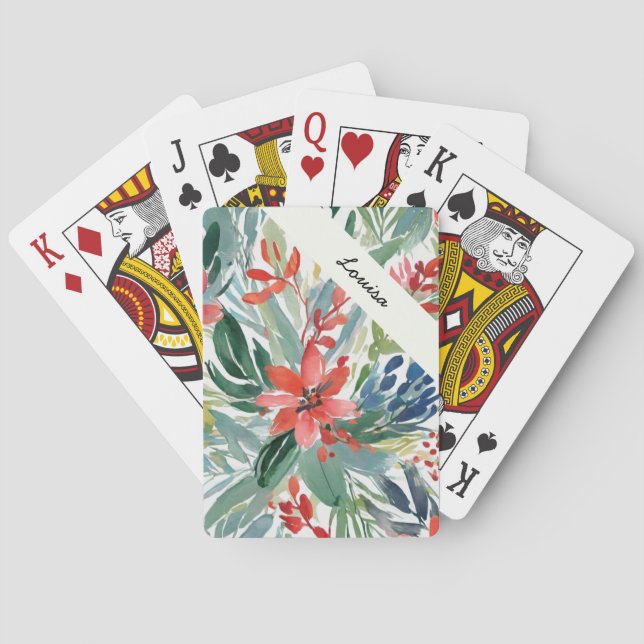 Festive Red Poinsettia Elegant Watercolor Flowers Poker Cards (Back)
