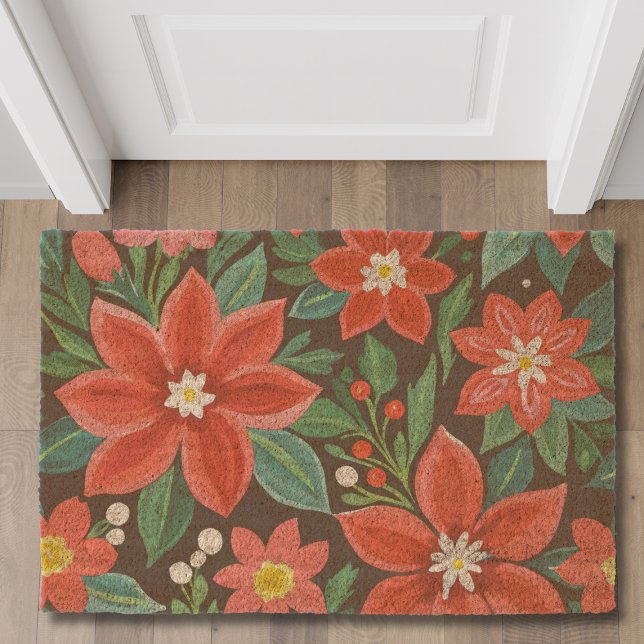 Festive Red Poinsettia Floral Christmas Holiday Fiber Doormat (Creator Uploaded)