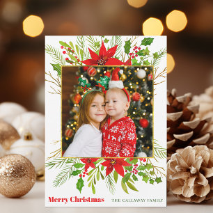 Festive Red Poinsettia Floral Christmas Kids Photo Holiday Card