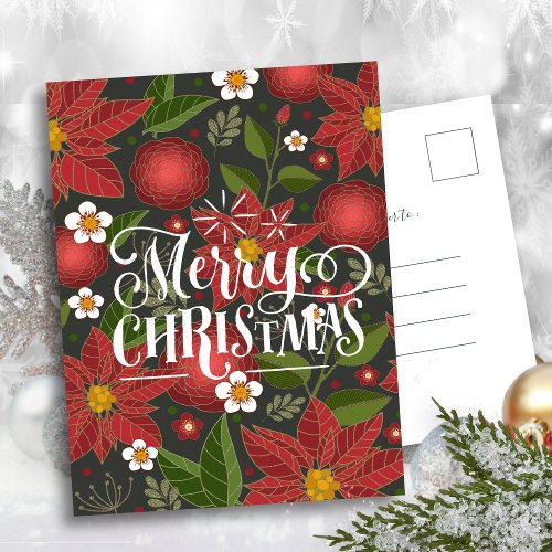 Festive Red Poinsettia Floral Modern Script Fun Holiday Postcard