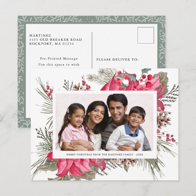 Festive Red Poinsettia Floral Photo Holiday Postcard (Front/Back)