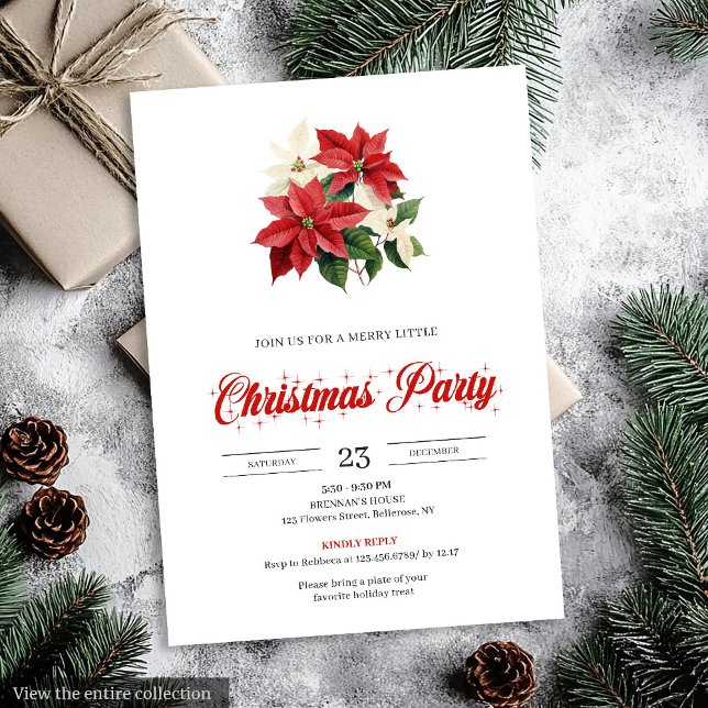 Festive Red Poinsettia Floral Script Font Xmas Invitation (Festive Red Poinsettia Floral Script Font Christmas Invitation)