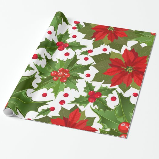 Festive Red Poinsettia Flower & Christmas Holly