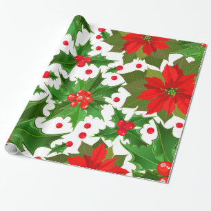 Festive Red Poinsettia Flower & Christmas Holly Wrapping Paper