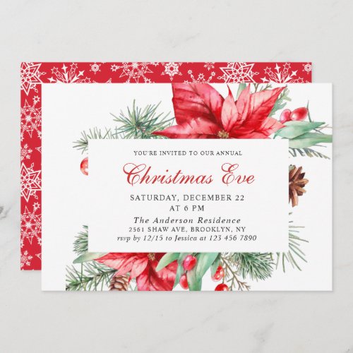 Festive Red Poinsettia Holiday Christmas Eve Party Invitation