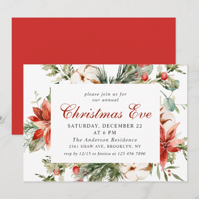 Festive Red Poinsettia Holiday Christmas Eve Party Invitation (Front/Back)