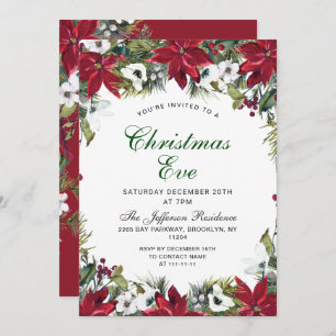 Festive Red Poinsettia Holiday Christmas Eve Party Invitation