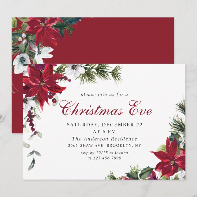 Festive Red Poinsettia Holiday Christmas Eve Party Invitation (Front/Back)
