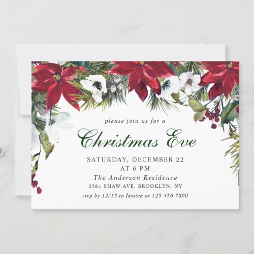Festive Red Poinsettia Holiday Christmas Eve Party Invitation