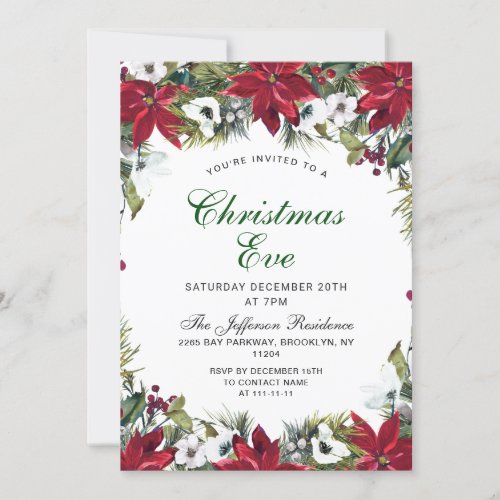 Festive Red Poinsettia Holiday Christmas Eve Party Invitation