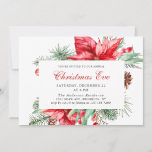 Festive Red Poinsettia Holiday Christmas Eve Party Invitation