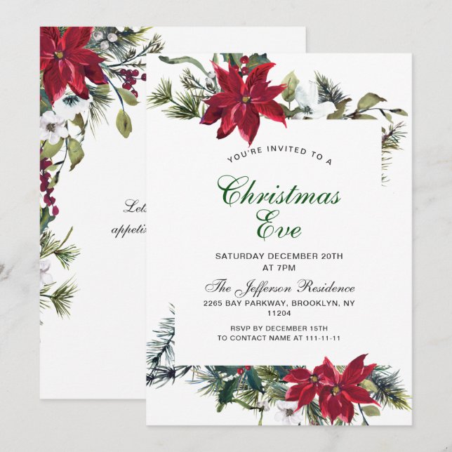 Festive Red Poinsettia Holiday Christmas Eve Party Invitation (Front/Back)