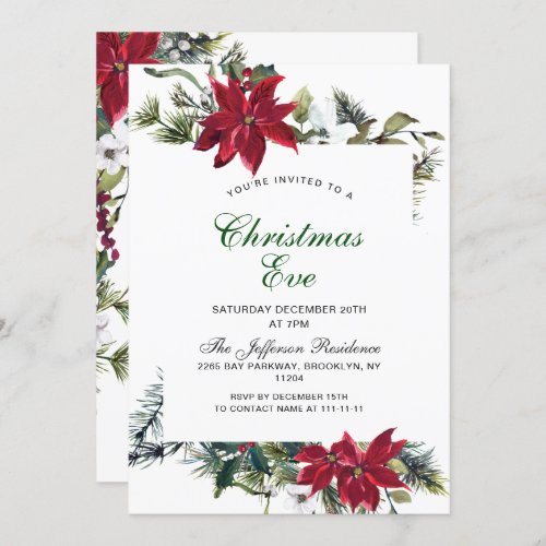 Festive Red Poinsettia Holiday Christmas Eve Party Invitation