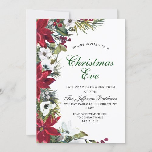 Festive Red Poinsettia Holiday Christmas Eve Party Invitation