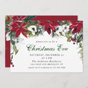 Festive Red Poinsettia Holiday Christmas Eve Party Invitation