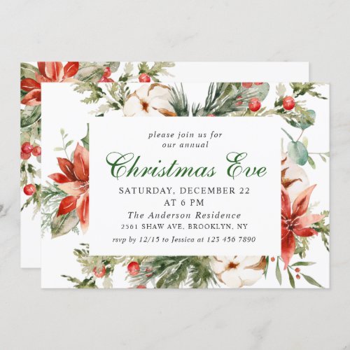 Festive Red Poinsettia Holiday Christmas Eve Party Invitation