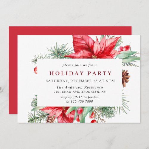 Festive Red Poinsettia Holiday Christmas Party Inv Invitation