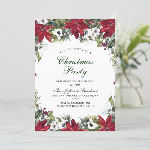 Festive Red Poinsettia Holiday Christmas Party Invitation | Zazzle