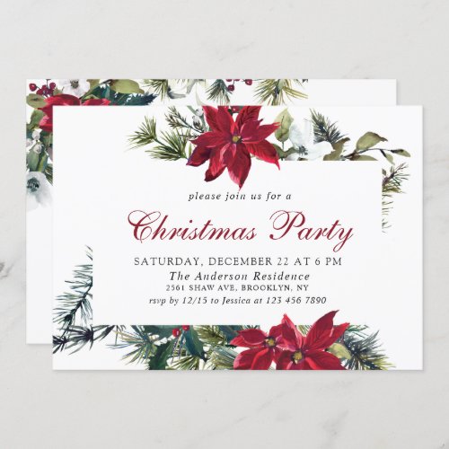 Festive Red Poinsettia Holiday Christmas Party Invitation