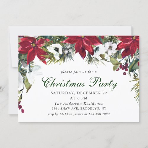 Festive Red Poinsettia Holiday Christmas Party Invitation