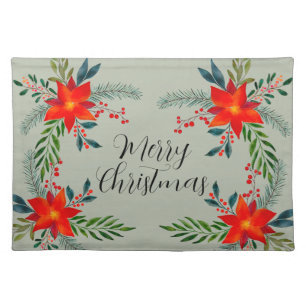 Festive Red Poinsettia Merry Christmas Cloth Placemat