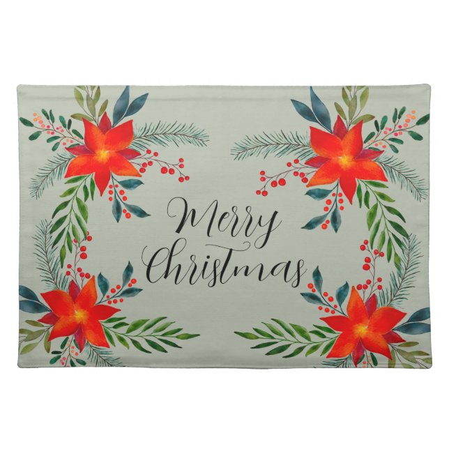 Festive Red Poinsettia Merry Christmas Cloth Placemat (Front)