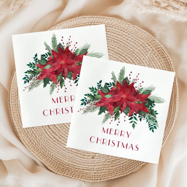Festive Red Poinsettia Merry Christmas Napkins (Festive Red Poinsettia Merry Christmas Napkins)