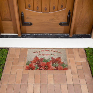 Festive Red Poinsettia Merry Christmas & Welcome Fiber Doormat