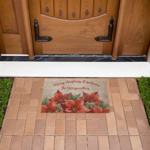 Festive Red Poinsettia Merry Christmas & Welcome Fiber Doormat Festive Red Poinsettia Merry Christmas & Welcome Fiber Doormat
