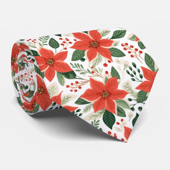 Festive Red Poinsettias Neck Tie (Rolled)